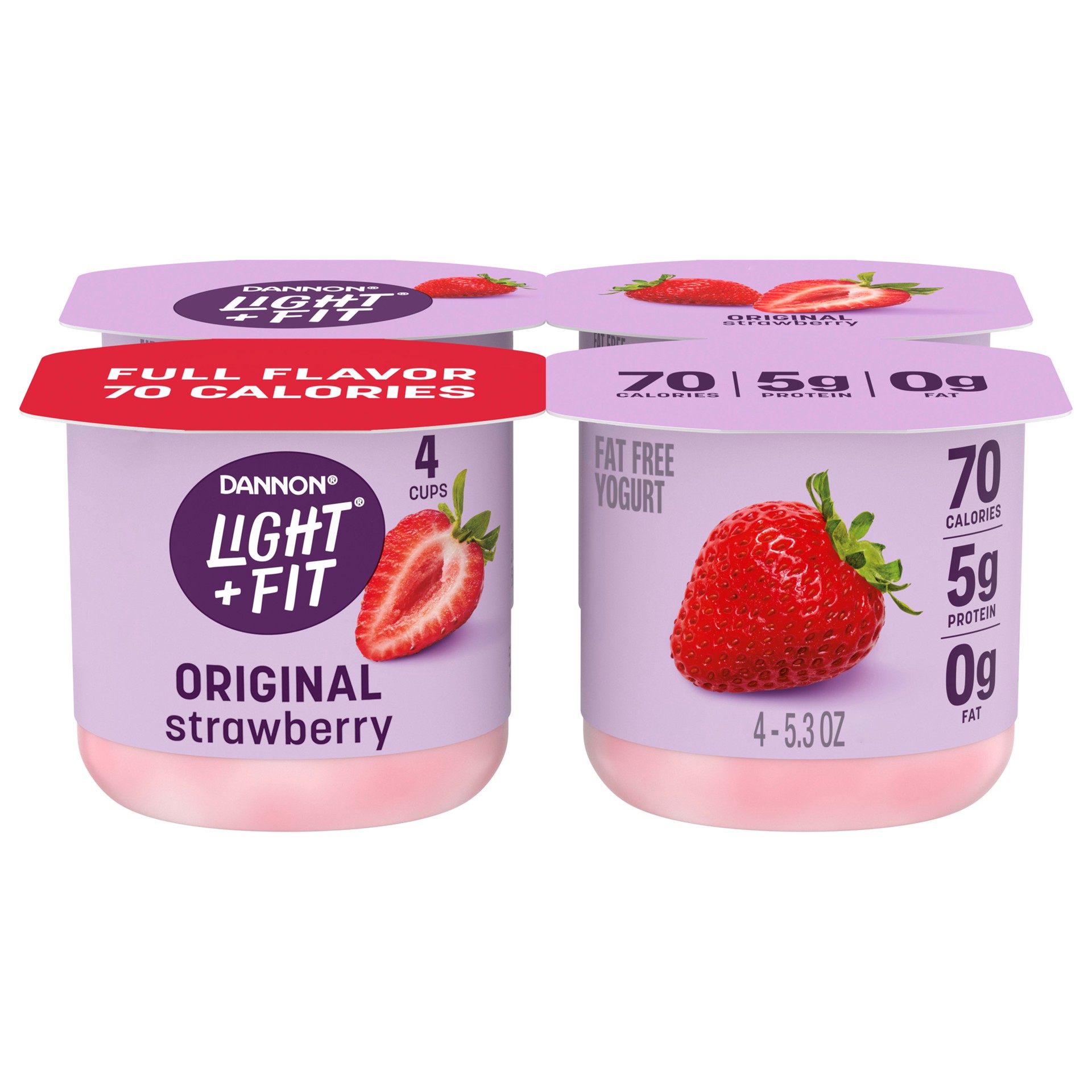 slide 1 of 5, Dannon Light + Fit Strawberry Original Nonfat Yogurt Pack, 0 Fat and 70 Calories, Creamy and Delicious Strawberry Yogurt, 4 Ct, 5.3 OZ Cups, 5.3 oz