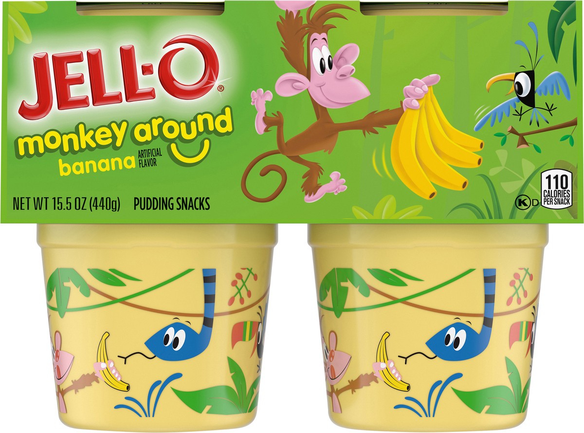 slide 7 of 9, Jell-O Monkey Around Banana Ready-to-Eat Pudding Cups Snack, 4 ct Cups, 4 ct