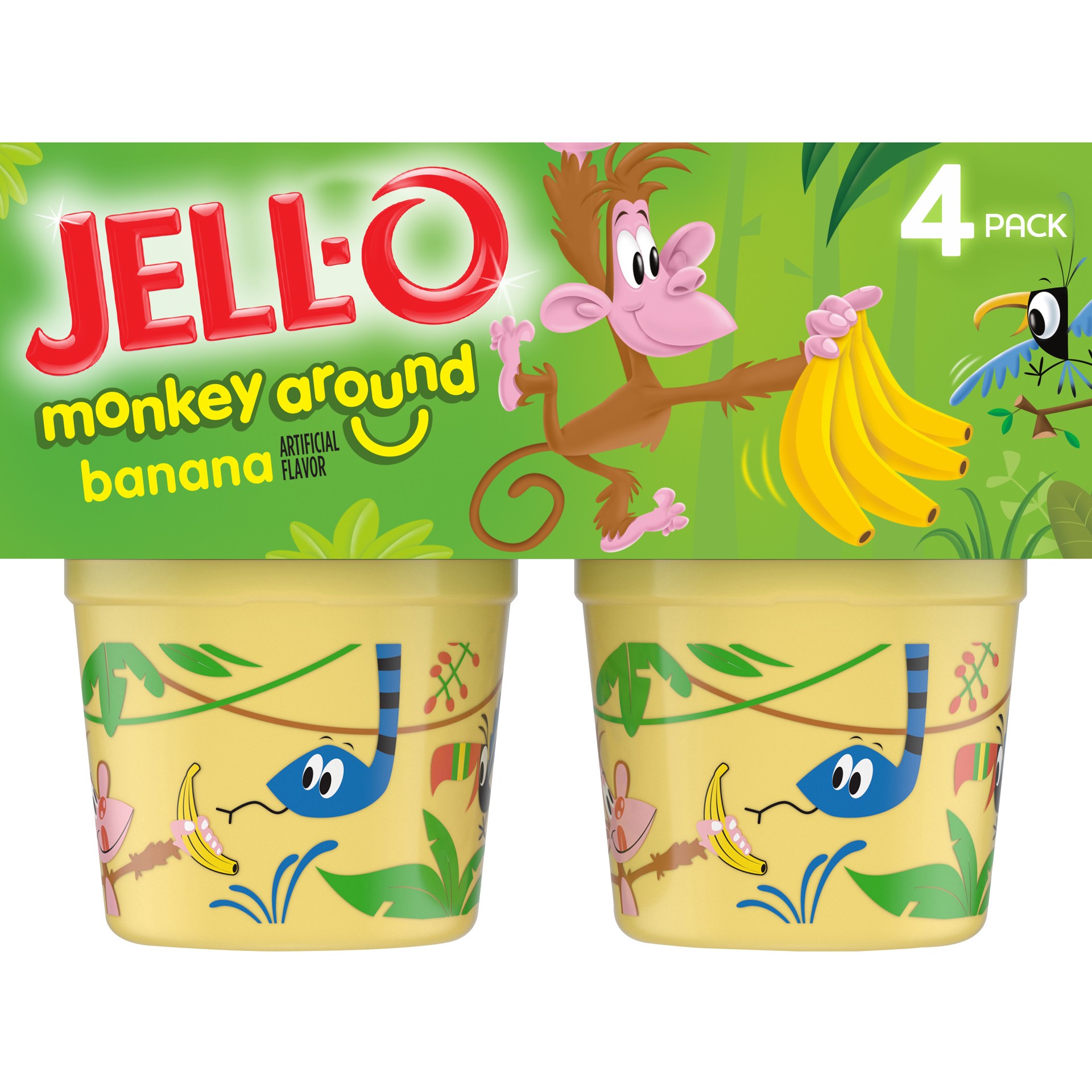 slide 1 of 9, Jell-O Monkey Around Banana Ready-to-Eat Pudding Cups Snack, 4 ct Cups, 4 ct