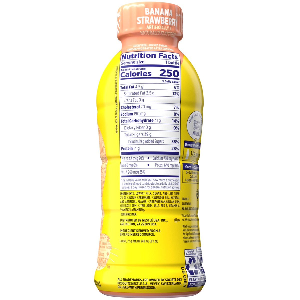 slide 9 of 9, Nesquik Banana Strawberry Flavored Milk, Ready to Drink Low-fat Milk, 14 fl oz Bottle, 14 oz