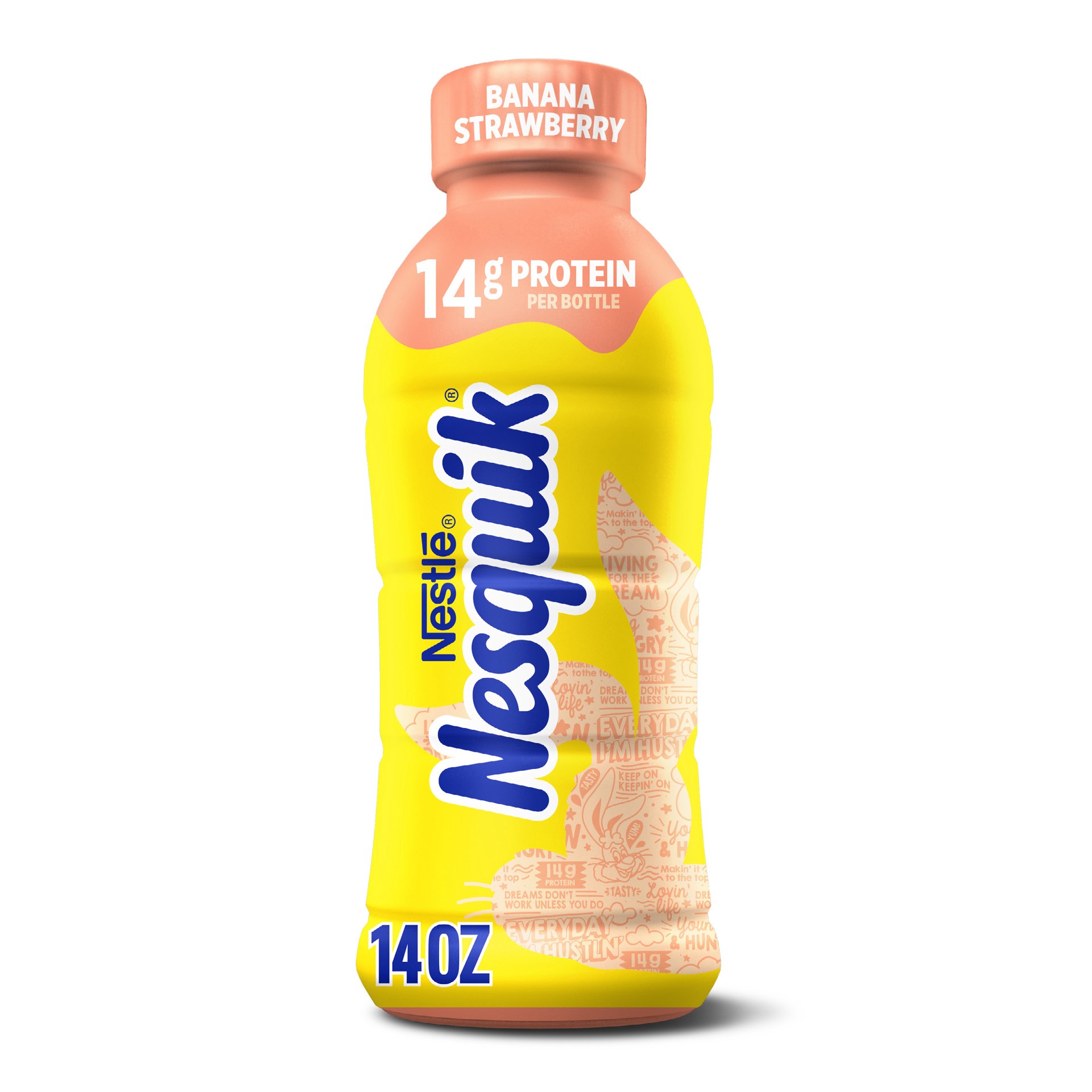 slide 1 of 9, Nesquik Banana Strawberry Flavored Milk, Ready to Drink Low-fat Milk, 14 fl oz Bottle, 14 oz