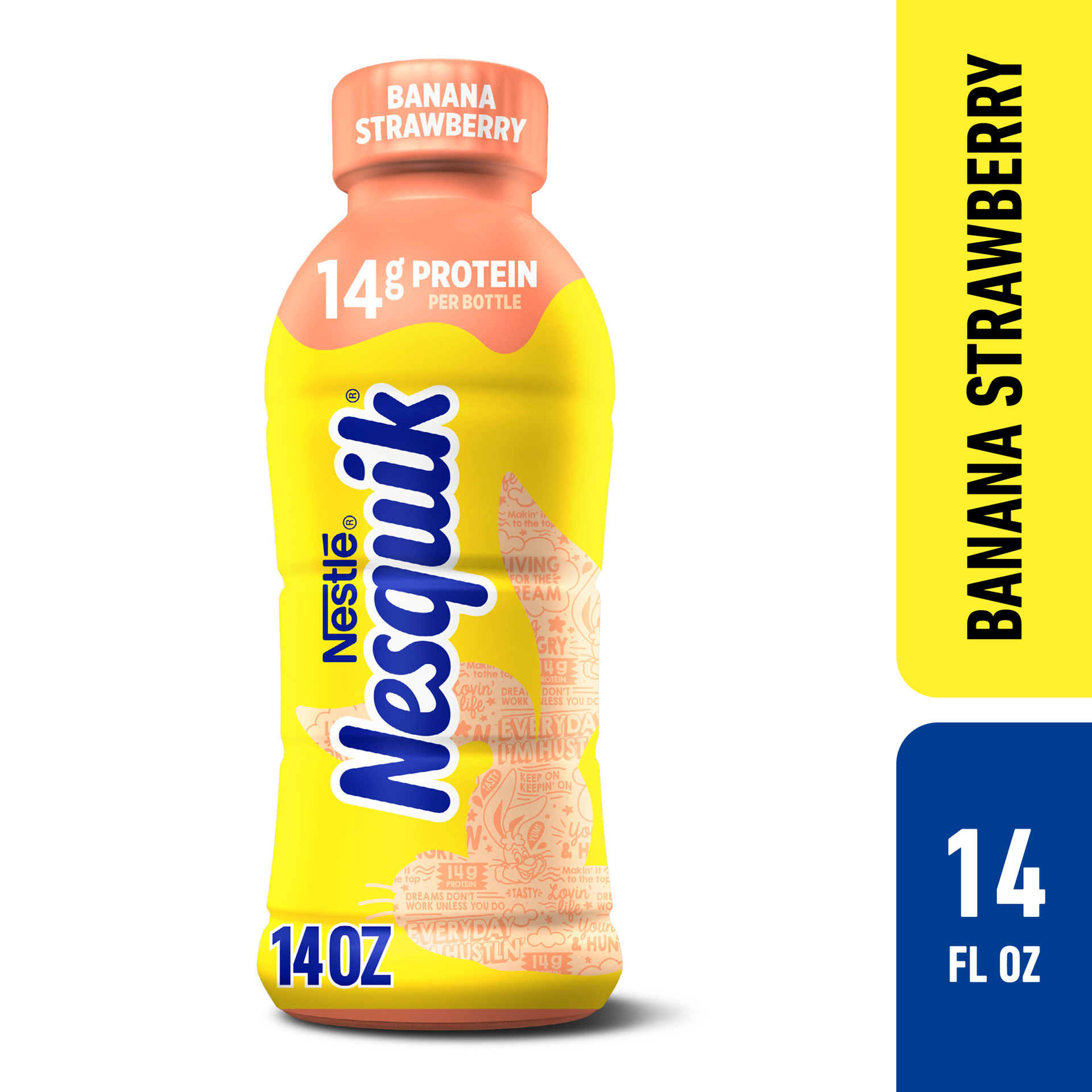 slide 1 of 9, Nesquik Banana Strawberry Flavored Milk, Ready to Drink Low-fat Milk, 14 fl oz Bottle, 14 oz