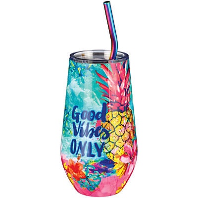 slide 1 of 1, Haven & Key Good Vibes Only Pineapple Stainless Steel Stemless Tumbler with Straw, 16 oz