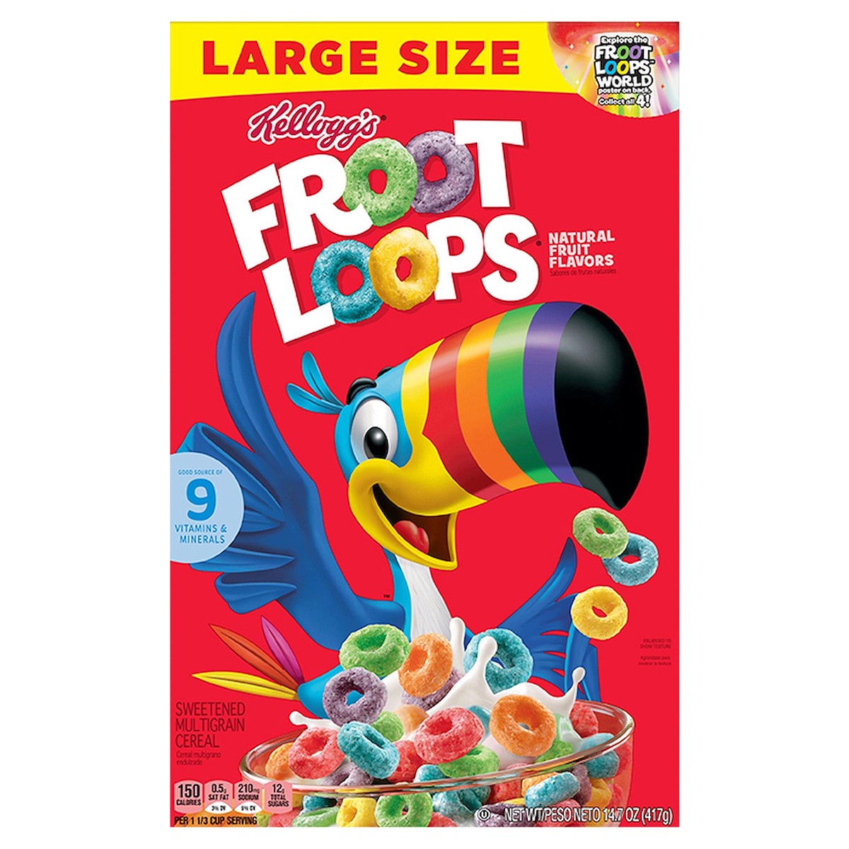 slide 1 of 8, Froot Loops Kellogg's Froot Loops Breakfast Cereal, Fruit Flavored, Breakfast Snacks with Vitamin C, Large Size, Original, 14.7oz Box, 1 Box, 14.7 oz
