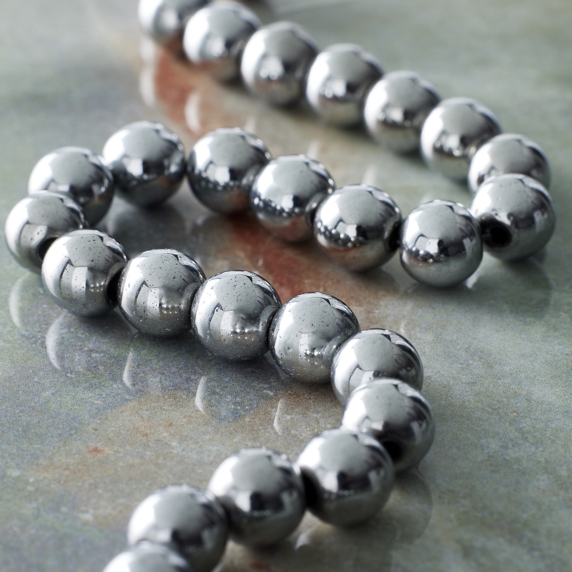slide 3 of 3, Rhodium Reconstituted Hematite Round Beads By Bead Landing, 8 mm