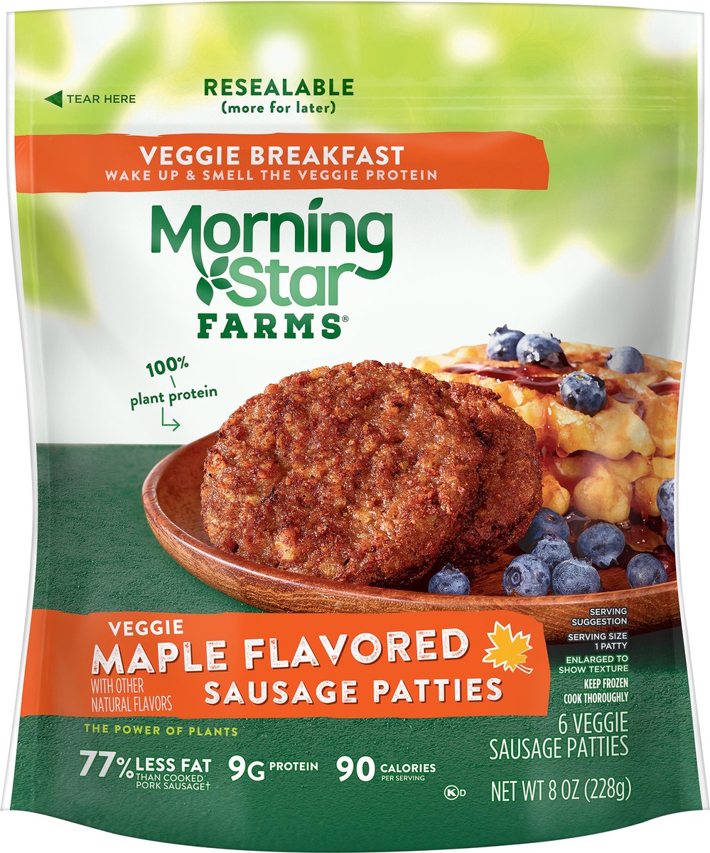 slide 8 of 13, MorningStar Farms Plant Based Sausage Patties, Vegan Meat, Maple Flavored, 6 Count, 8 oz