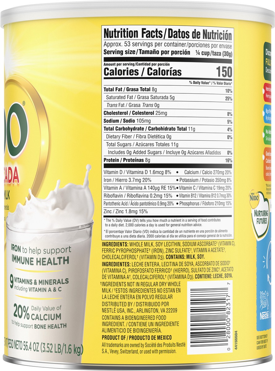 slide 6 of 9, NIDO Fortificada Powdered Drink Mix - Dry Whole Milk Powder with Vitamins and Minerals Canister, 56.4 oz