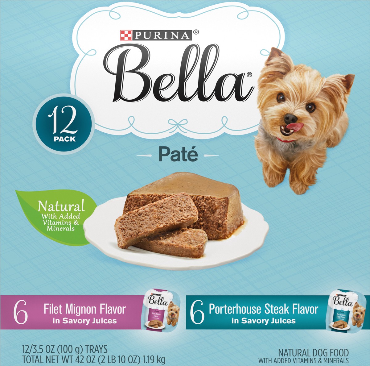 slide 8 of 9, Purina Bella Natural Small Breed Pate Wet Dog Food Variety Pack, Filet Mignon & Porterhouse Steak in Juices, 42 oz