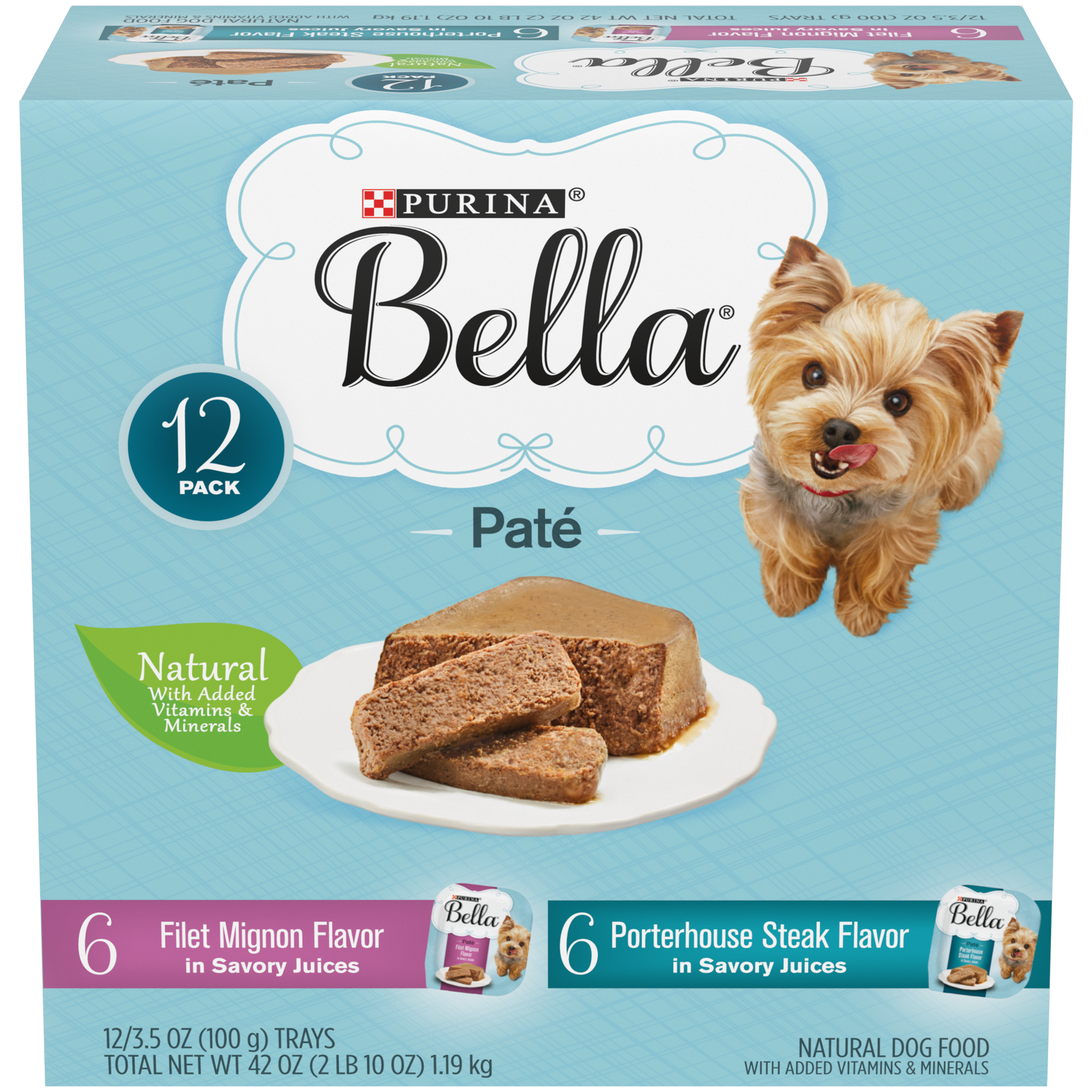 slide 1 of 9, Purina Bella Natural Small Breed Pate Wet Dog Food Variety Pack, Filet Mignon & Porterhouse Steak in Juices, 42 oz