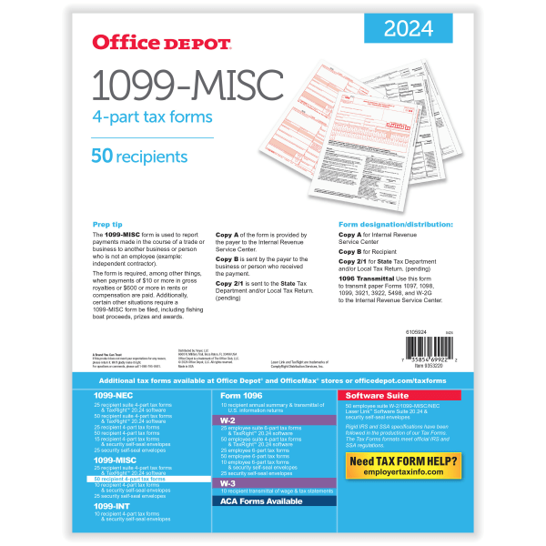 slide 3 of 3, Office Depot Brand 1099-Misc Laser Tax Forms, 4-Part, 2-Up, 8-1/2"" X 11"", Pack Of 50 Form Sets, 50 ct