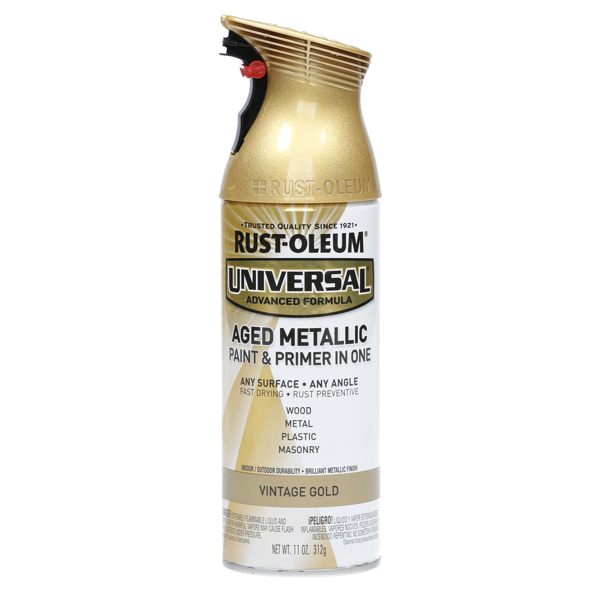 slide 1 of 9, Rust-Oleum Universal Aged Metallic Paint & Primer in One Spray Paint - 342918, Vintage Gold, 11 oz