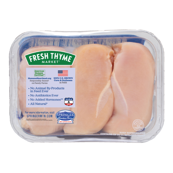 slide 1 of 1, Springer Mountain Farms Fresh Thyme Antibiotic Free Boneless Skinless Chicken Breasts, per lb