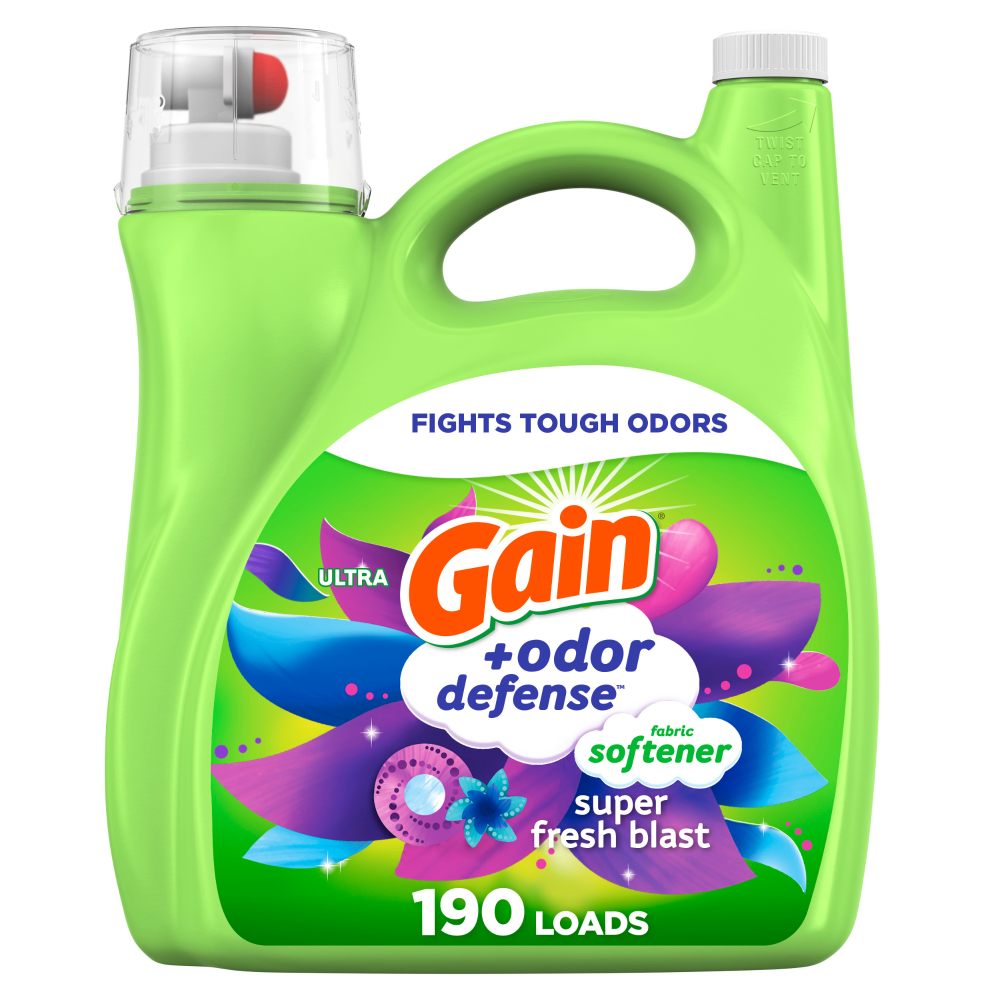 slide 1 of 6, Gain Odor Defense Liquid Fabric Softener, Super Fresh Blast scent, 140 FL OZ, 190 loads, 2 in 1 Freshness plus Odor Protection, 1 gal