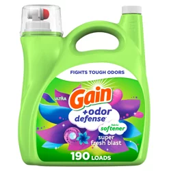 Gain Odor Defense Liquid Fabric Softener, Super Fresh Blast scent, 140 FL OZ, 190 loads, 2 in 1 Freshness plus Odor Protection
