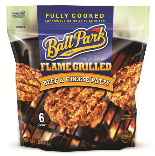 slide 1 of 1, Ball Park Flame Grilled Beef & Cheese Frozen Patty, 16.19 oz