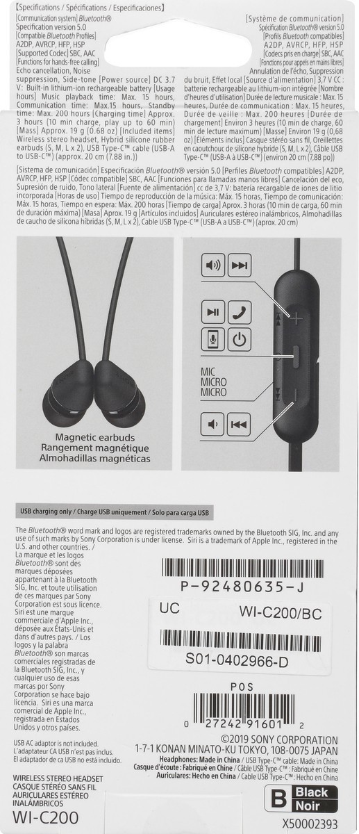 slide 3 of 9, Sony WI-C200 Black Wireless Stereo Headset 1 ea, 1 ea