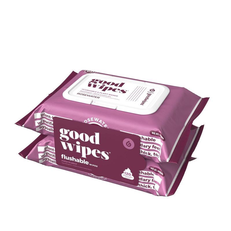 slide 1 of 6, Goodwipes Flushable Rosewater Scent Wipes with Plant-Based Fibers XL 2 - 60 Wipe Packs, 2 ct