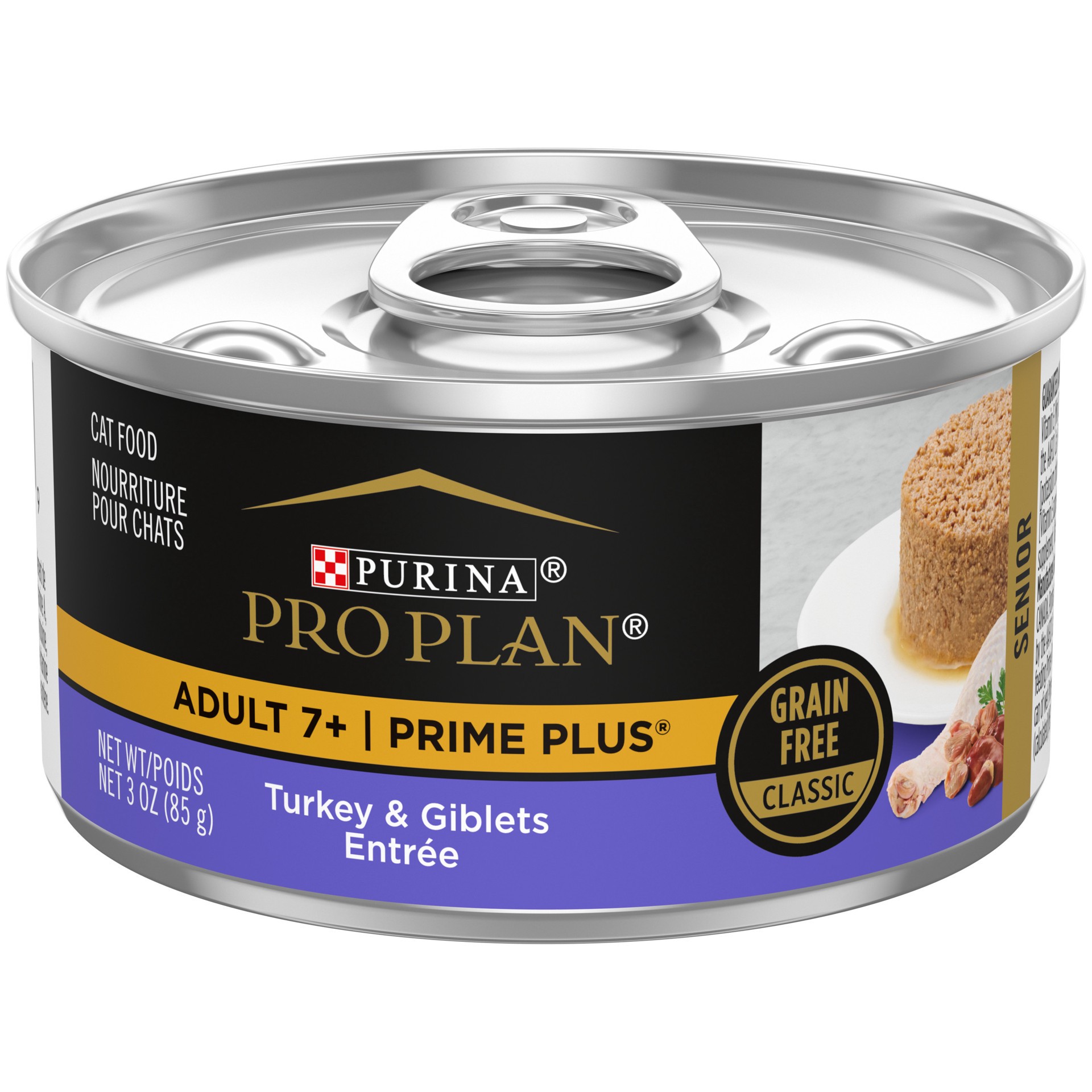 slide 1 of 8, Purina Pro Plan Grain Free Senior 7+ Wet Cat Food Pate, SENIOR Prime Plus Turkey & Giblets Entree, 3 oz