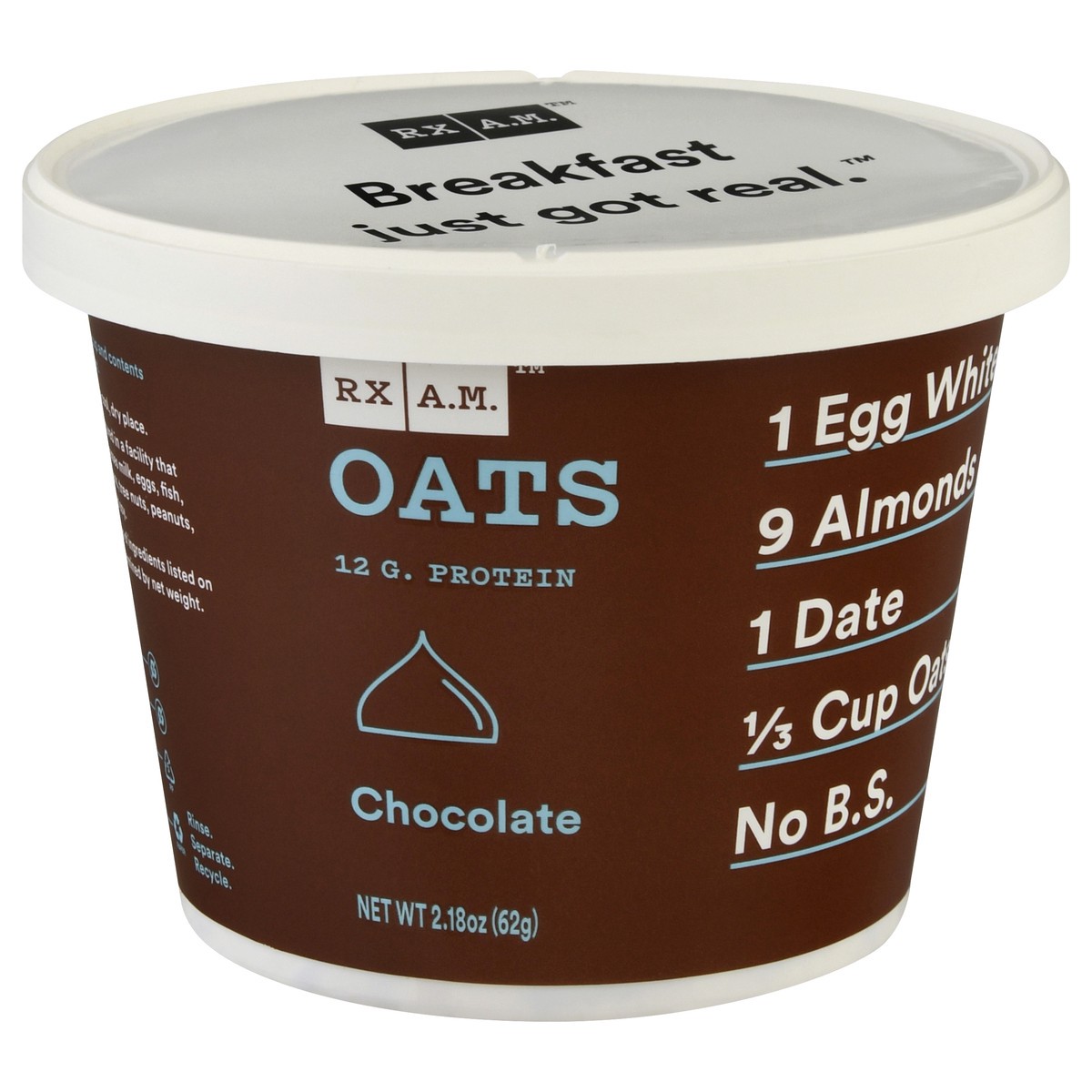 slide 7 of 9, RX A.M. Oats Oat Cup, Chocolate, 12g Protein, 2.18oz Cup, 1 Count, 2.18 oz