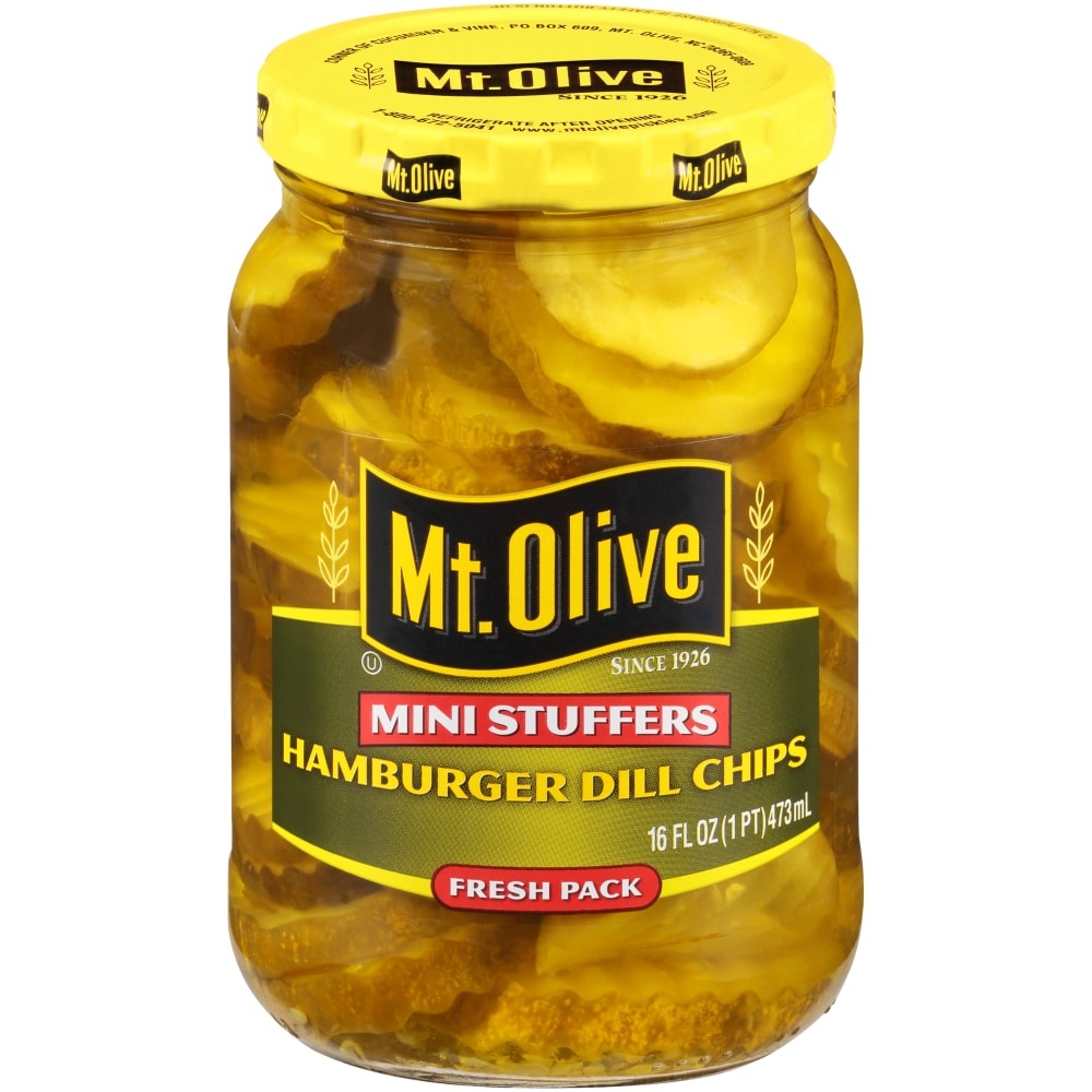 slide 1 of 6, Mt. Olive Mini Stuffers Hamburger Dill Chips, 16 fl oz