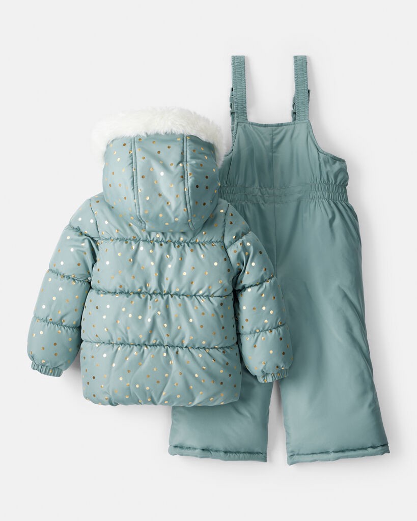 slide 3 of 5, Oshkosh Toddler Girl 2-Piece Polka Dot Hooded Snowsuit Jacket & Bib Set - Green Turquoise 3T, 2 pc