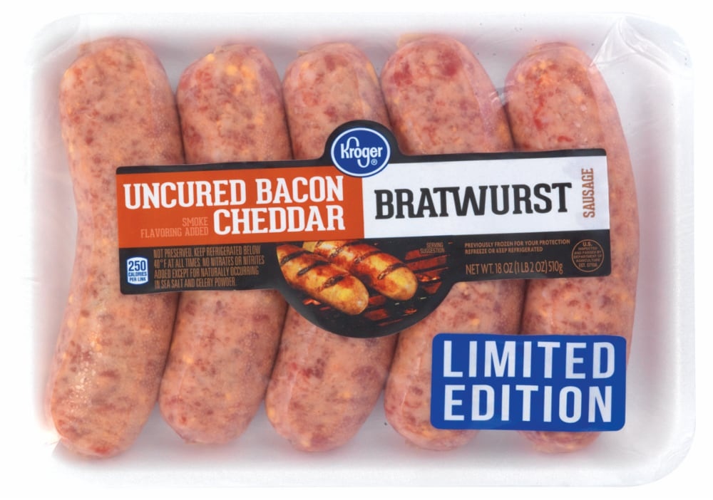 slide 1 of 1, Kroger Uncured Bacon Cheddar Bratwurst, 18 oz