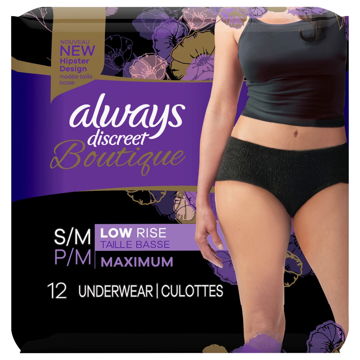 slide 1 of 5, Always Discreet Boutique Incontinence and Postpartum Underwear for Women, Maximum Protection, S/M, Black, 12 Count, 12 ct