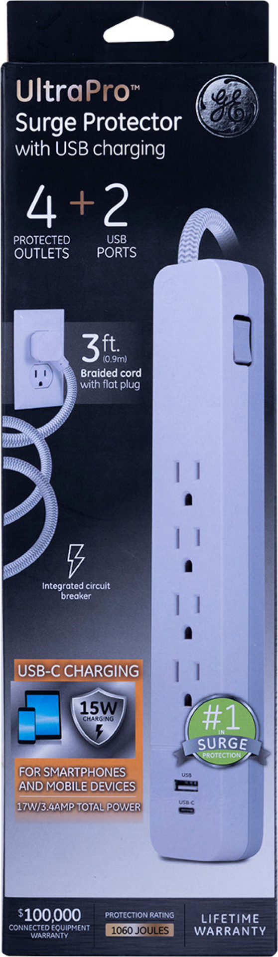 slide 1 of 7, GE 4-Outlet Surge Protector Cord, White, 3 ft