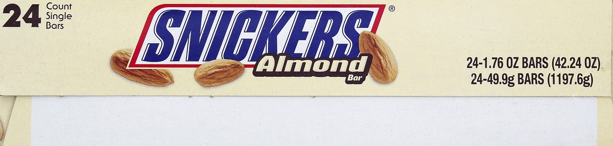 slide 3 of 6, Snickers Chocolate Candy Bars, Almond, Full Size, 1.76 oz, 24-count, 24 ct; 1.76 oz