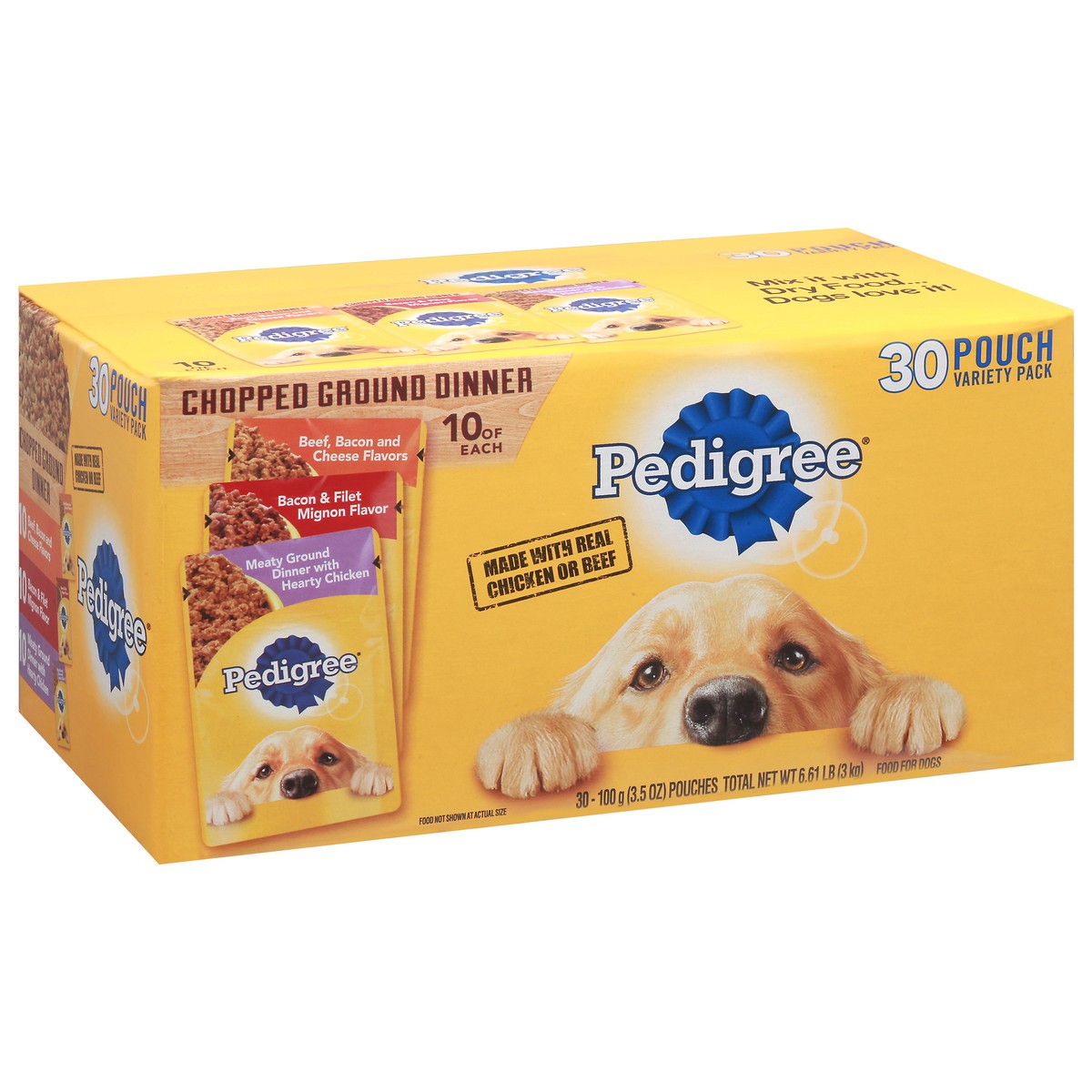 slide 8 of 9, Pedigree Pouch Chopped Ground Dinner Beef, Bacon & Chicken Adult Wet Dog Food - 3.5oz/30ct Variety Pack, 3.5 oz, 30 ct