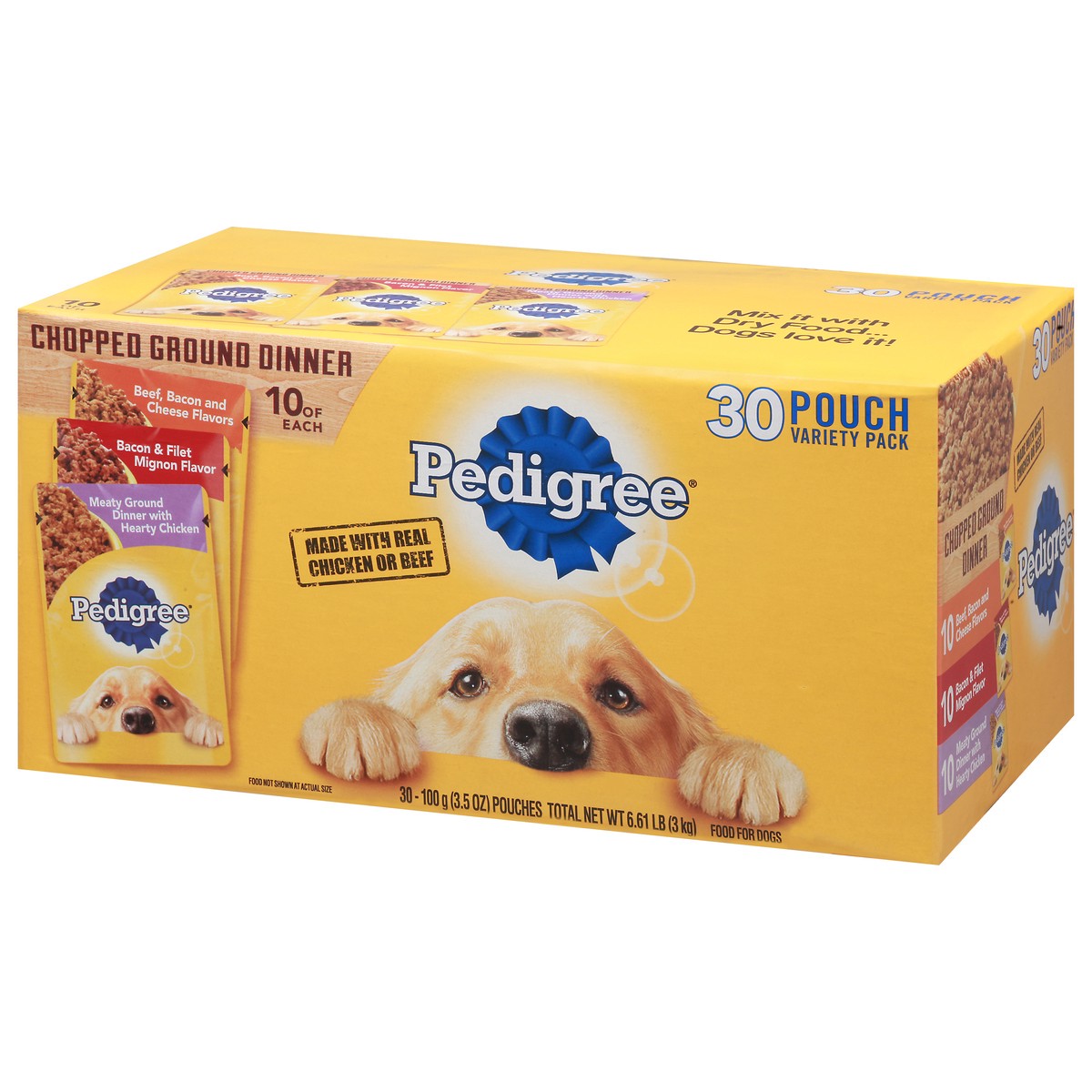 slide 2 of 9, Pedigree Pouch Chopped Ground Dinner Beef, Bacon & Chicken Adult Wet Dog Food - 3.5oz/30ct Variety Pack, 3.5 oz, 30 ct