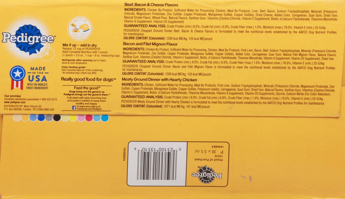 slide 4 of 9, Pedigree Pouch Chopped Ground Dinner Beef, Bacon & Chicken Adult Wet Dog Food - 3.5oz/30ct Variety Pack, 3.5 oz, 30 ct