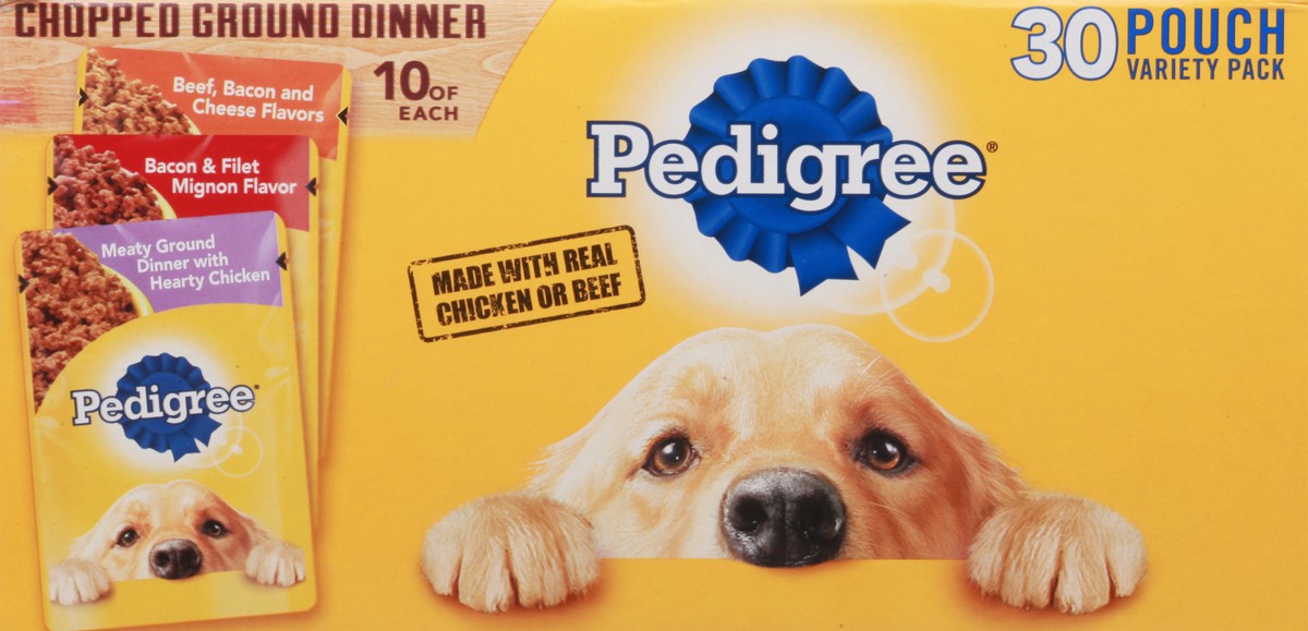 slide 5 of 9, Pedigree Pouch Chopped Ground Dinner Beef, Bacon & Chicken Adult Wet Dog Food - 3.5oz/30ct Variety Pack, 3.5 oz, 30 ct