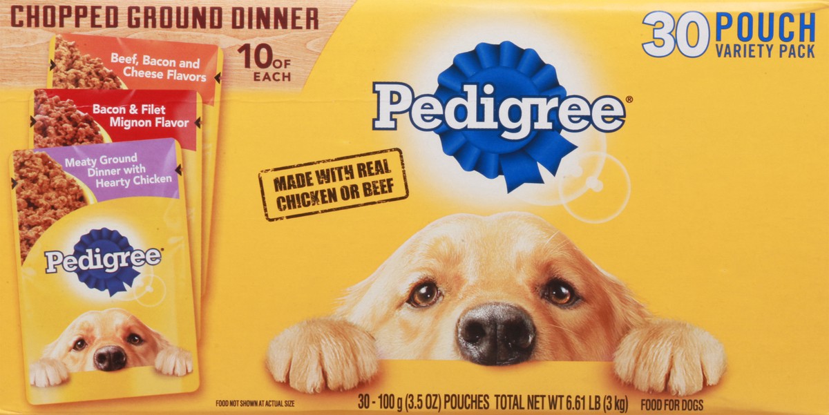 slide 6 of 9, Pedigree Pouch Chopped Ground Dinner Beef, Bacon & Chicken Adult Wet Dog Food - 3.5oz/30ct Variety Pack, 3.5 oz, 30 ct