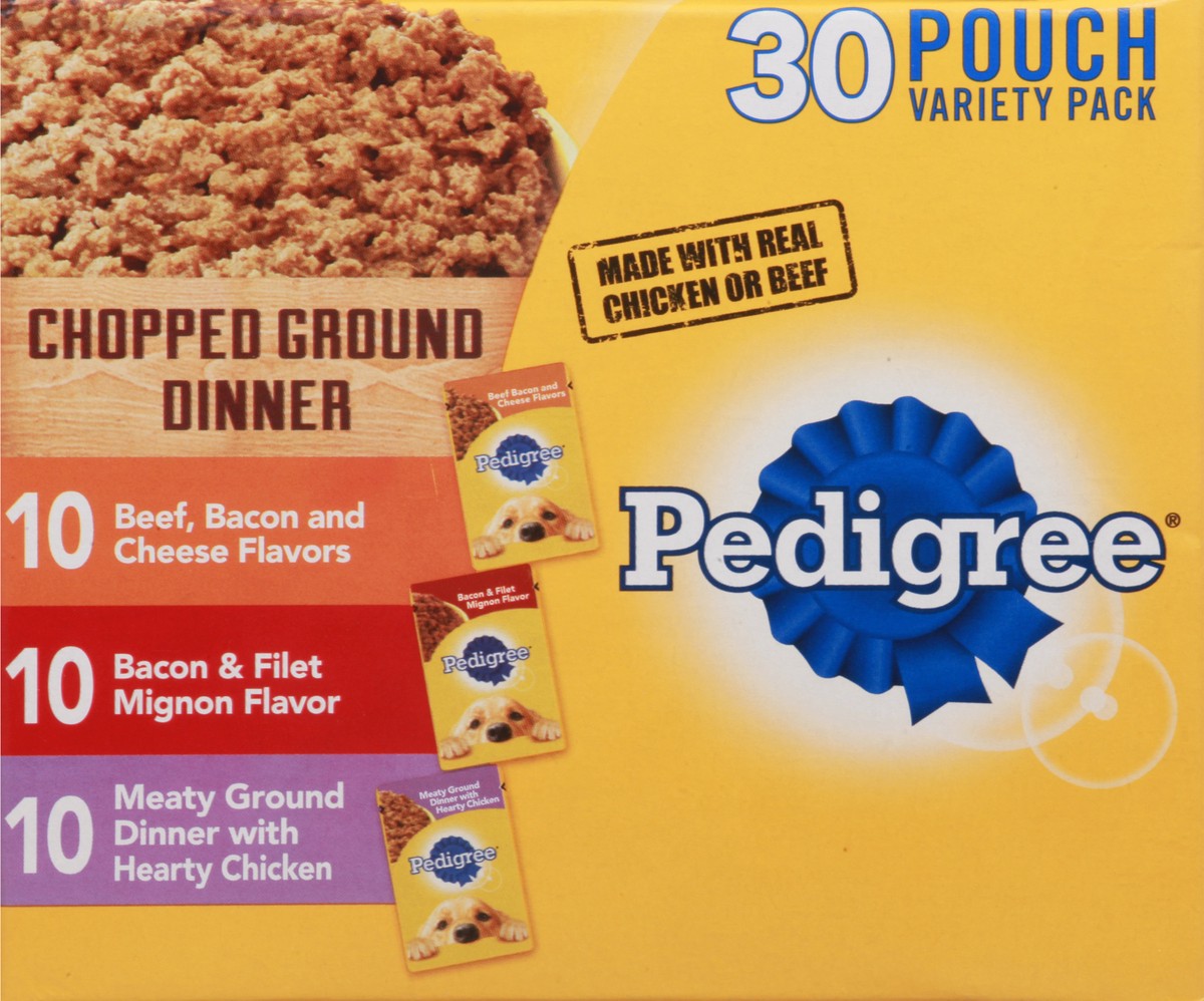 slide 9 of 9, Pedigree Pouch Chopped Ground Dinner Beef, Bacon & Chicken Adult Wet Dog Food - 3.5oz/30ct Variety Pack, 3.5 oz, 30 ct