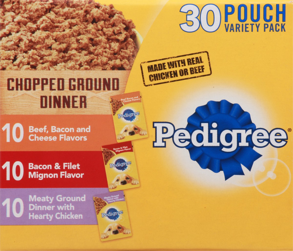 slide 3 of 9, Pedigree Pouch Chopped Ground Dinner Beef, Bacon & Chicken Adult Wet Dog Food - 3.5oz/30ct Variety Pack, 3.5 oz, 30 ct