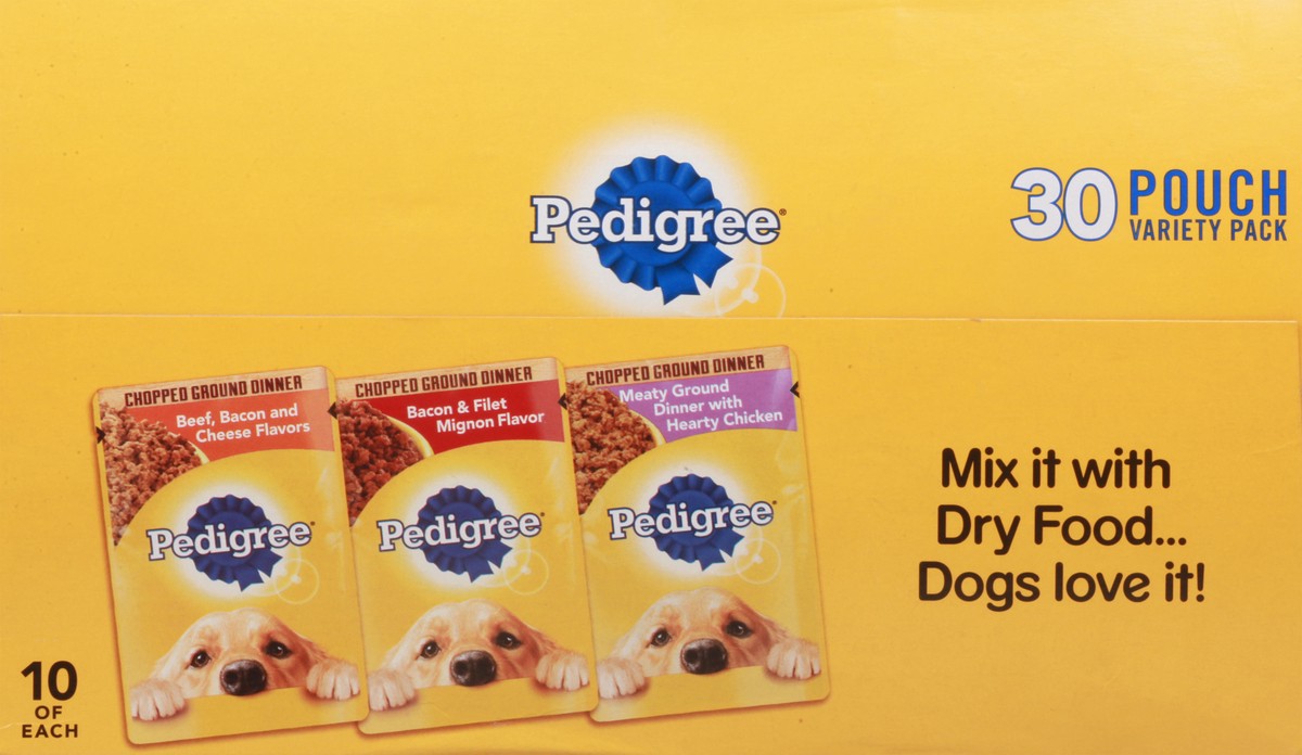 slide 7 of 9, Pedigree Pouch Chopped Ground Dinner Beef, Bacon & Chicken Adult Wet Dog Food - 3.5oz/30ct Variety Pack, 3.5 oz, 30 ct