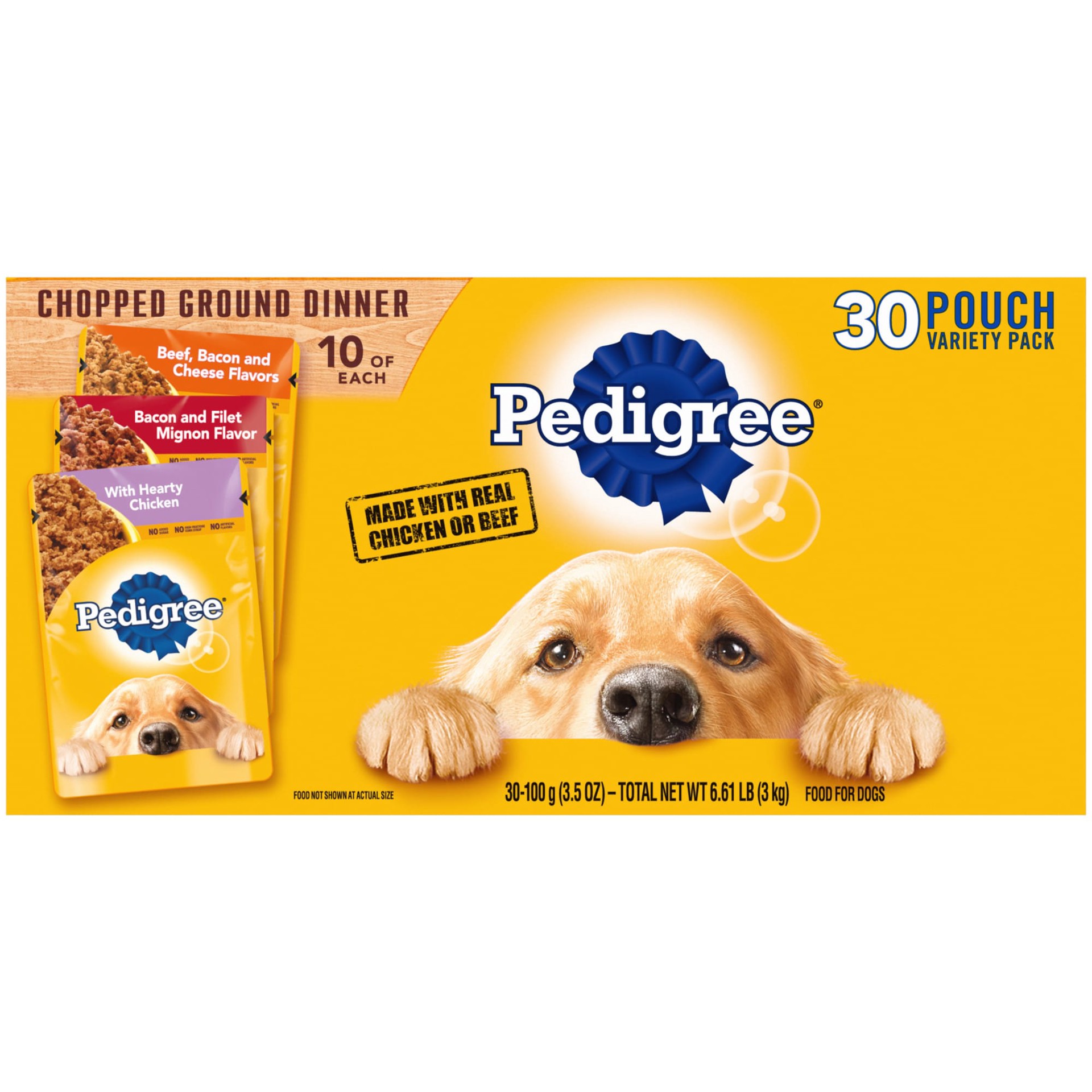 slide 1 of 9, Pedigree Pouch Chopped Ground Dinner Beef, Bacon & Chicken Adult Wet Dog Food - 3.5oz/30ct Variety Pack, 3.5 oz, 30 ct