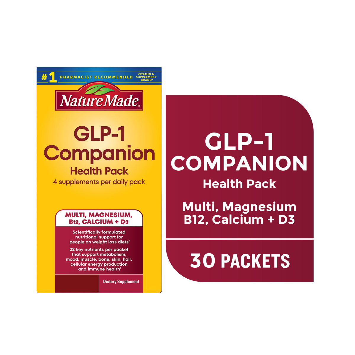slide 1 of 8, Nature Made GLP-1 Companion Health Pack, Multivitamin for Women and Men, Magnesium, Calcium, Vitamin D & B12, Nutritional Support for Weight Loss Diets, 30 Packets, 30 ct