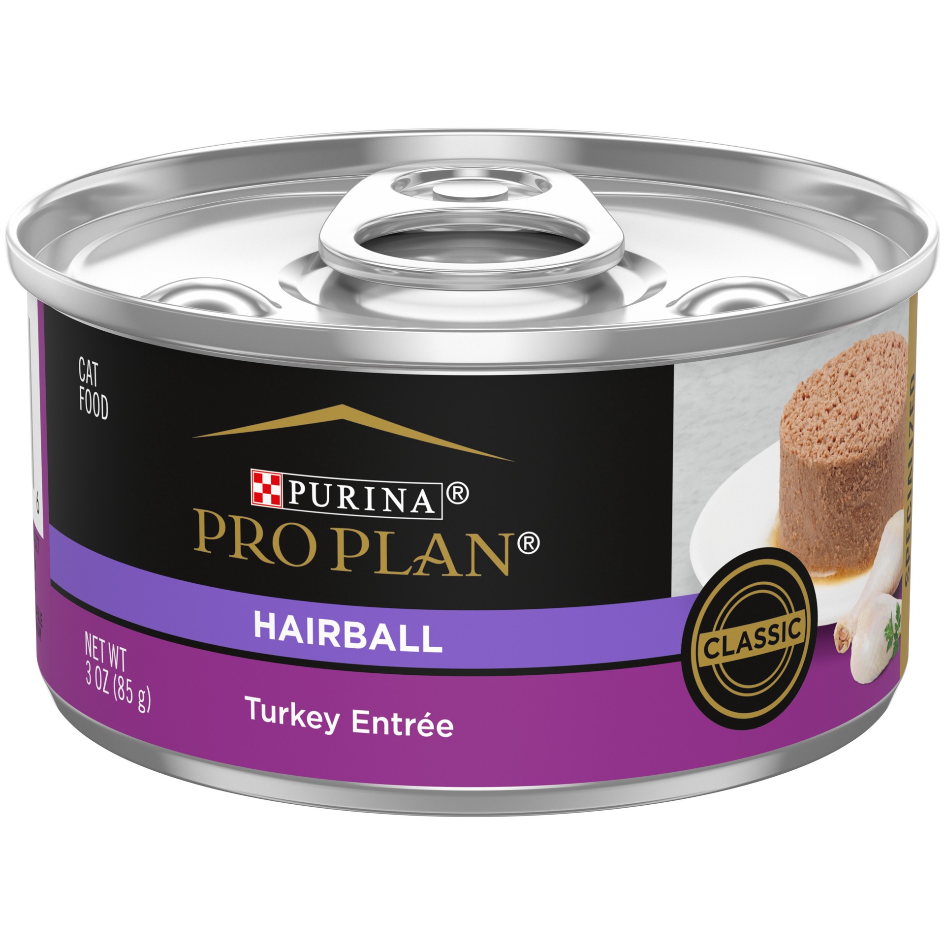 slide 1 of 7, Purina Pro Plan Hairball Control Cat Food Wet Pate, Hairball Turkey Entree, 3 oz