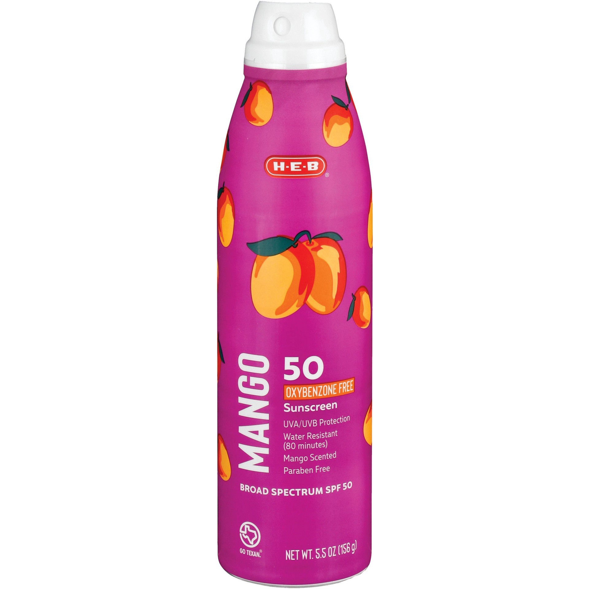 slide 1 of 1, H-E-B Solutions Oxybenzone Free SPF 50 Spray Mango Scented, 5.5 oz