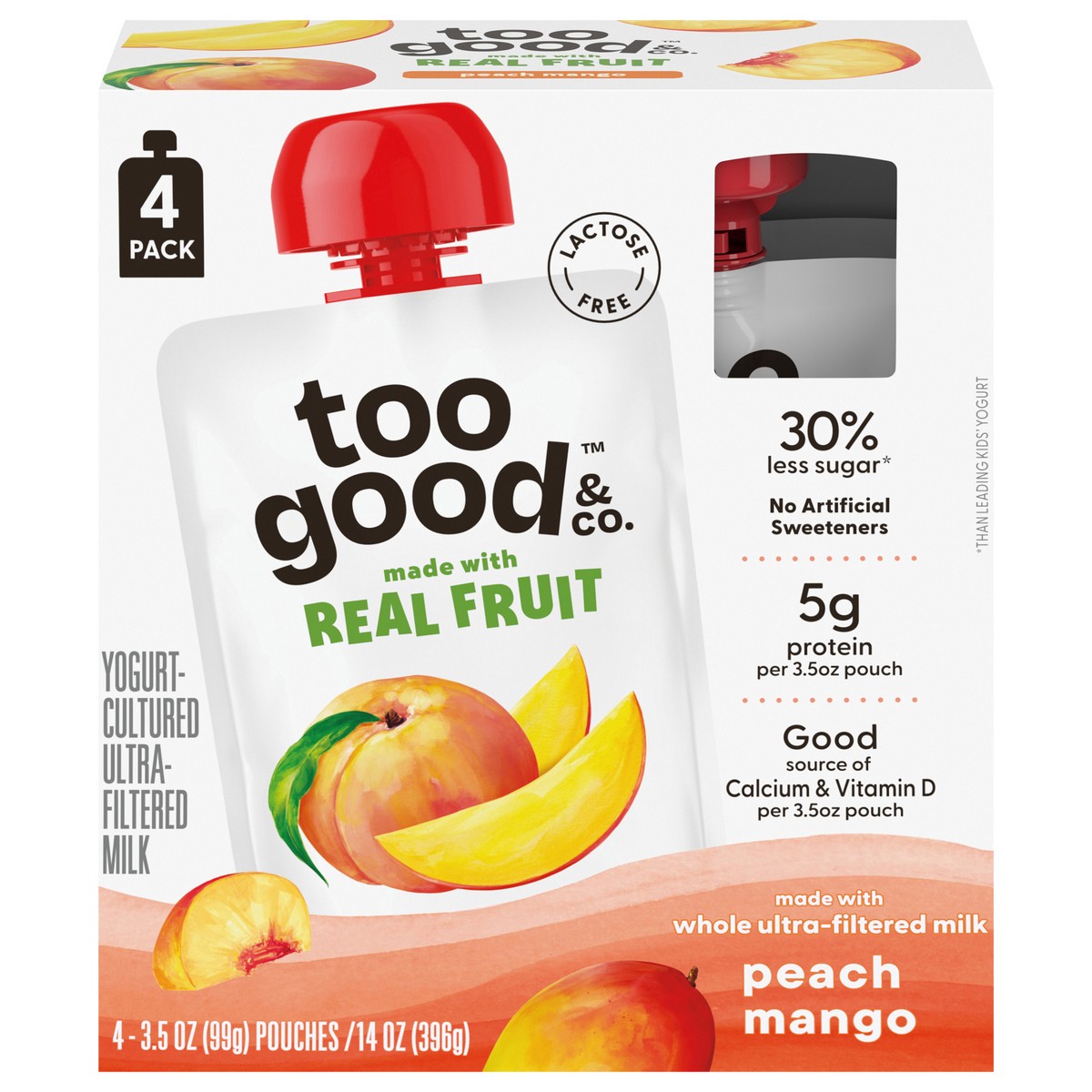 slide 10 of 14, Too Good & Co. Peach Mango Yogurt-Cultured Ultra-Filtered Milk Pouches, Portable Kids Snacks Made with Real Fruit, 3.5 oz, 4 Count​, 3.5 oz