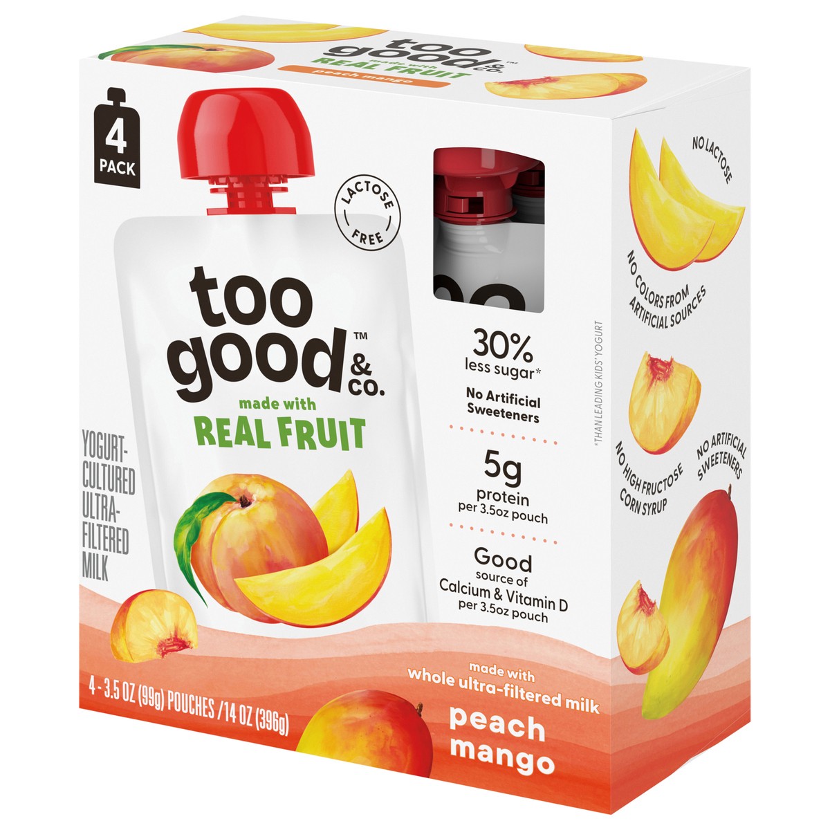 slide 8 of 14, Too Good & Co. Peach Mango Yogurt-Cultured Ultra-Filtered Milk Pouches, Portable Kids Snacks Made with Real Fruit, 3.5 oz, 4 Count​, 3.5 oz