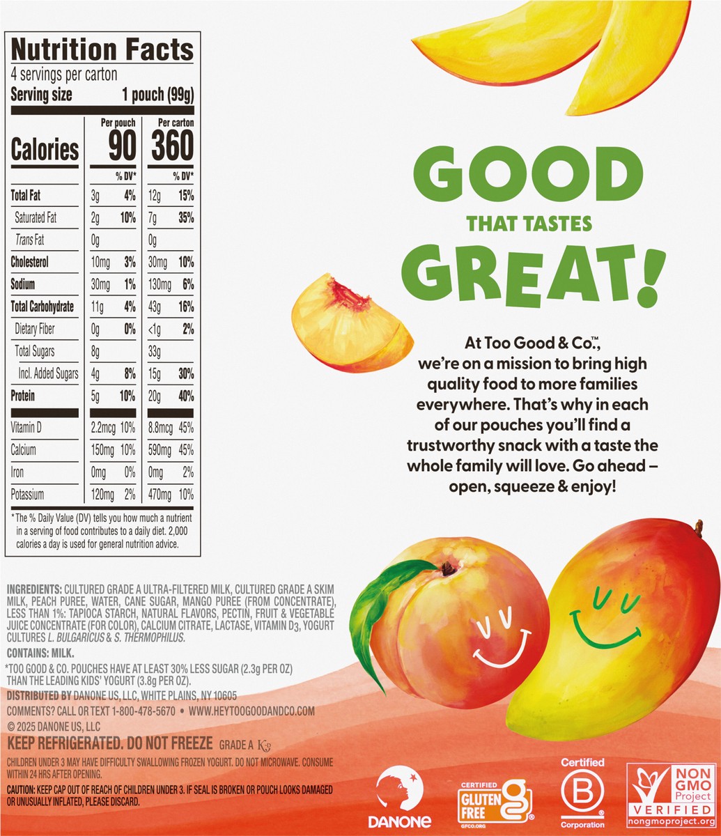 slide 13 of 14, Too Good & Co. Peach Mango Yogurt-Cultured Ultra-Filtered Milk Pouches, Portable Kids Snacks Made with Real Fruit, 3.5 oz, 4 Count​, 3.5 oz