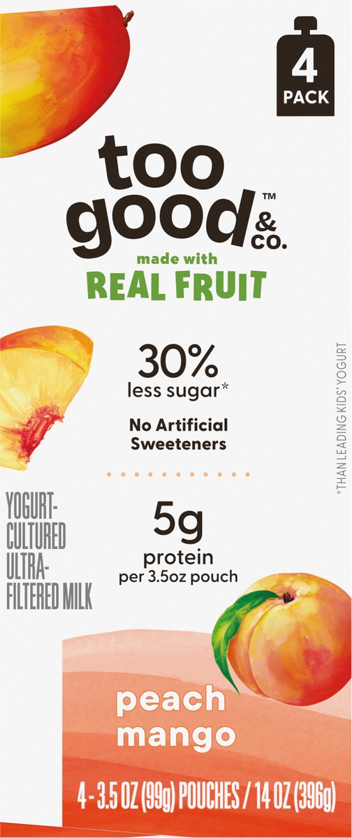 slide 2 of 14, Too Good & Co. Peach Mango Yogurt-Cultured Ultra-Filtered Milk Pouches, Portable Kids Snacks Made with Real Fruit, 3.5 oz, 4 Count​, 3.5 oz