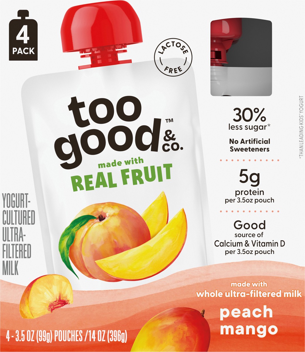 slide 14 of 14, Too Good & Co. Peach Mango Yogurt-Cultured Ultra-Filtered Milk Pouches, Portable Kids Snacks Made with Real Fruit, 3.5 oz, 4 Count​, 3.5 oz