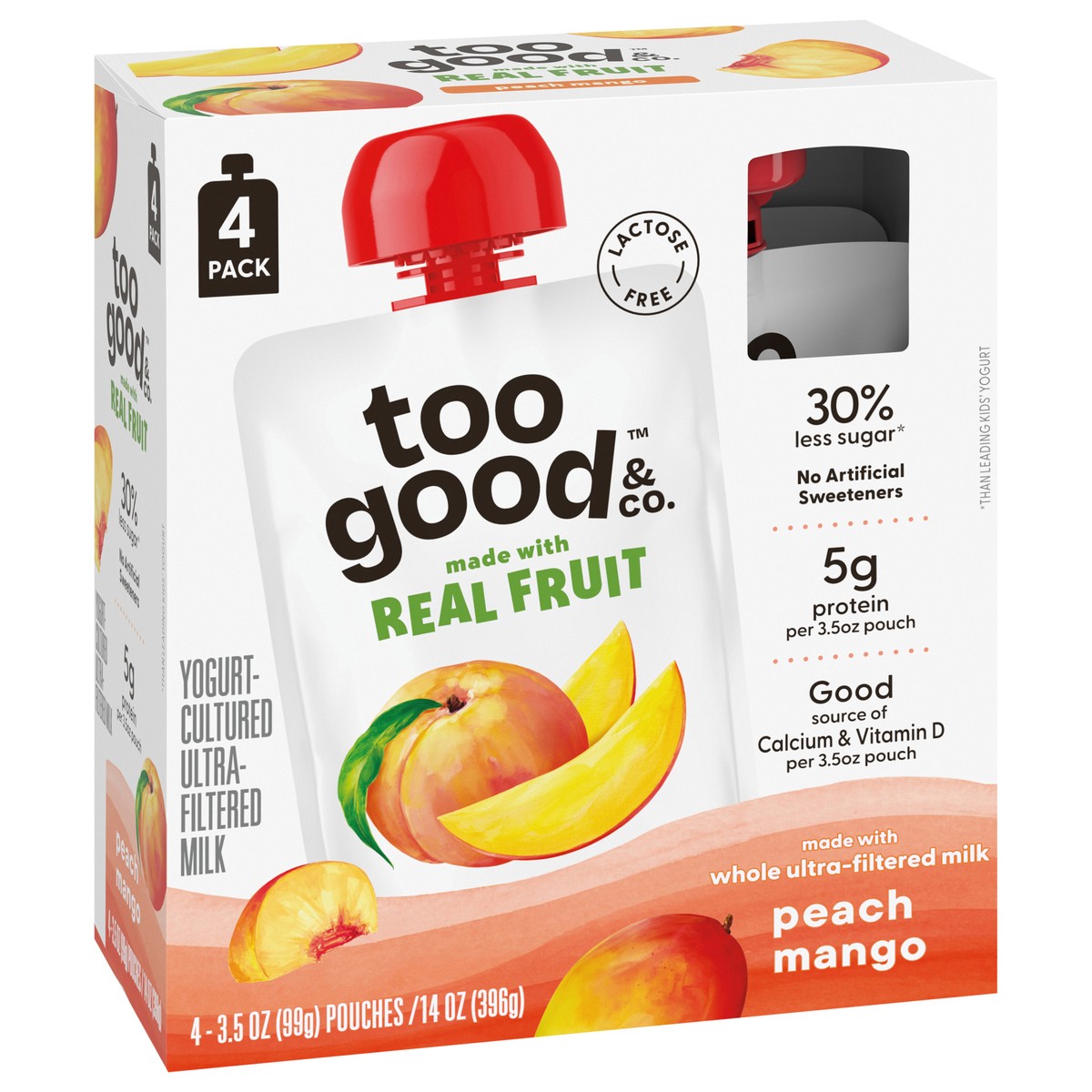 slide 4 of 14, Too Good & Co. Peach Mango Yogurt-Cultured Ultra-Filtered Milk Pouches, Portable Kids Snacks Made with Real Fruit, 3.5 oz, 4 Count​, 3.5 oz
