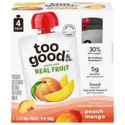 Too Good & Co. Peach Mango Yogurt-Cultured Ultra-Filtered Milk Pouches, Portable Kids Snacks Made with Real Fruit, 3.5 oz, 4 Count