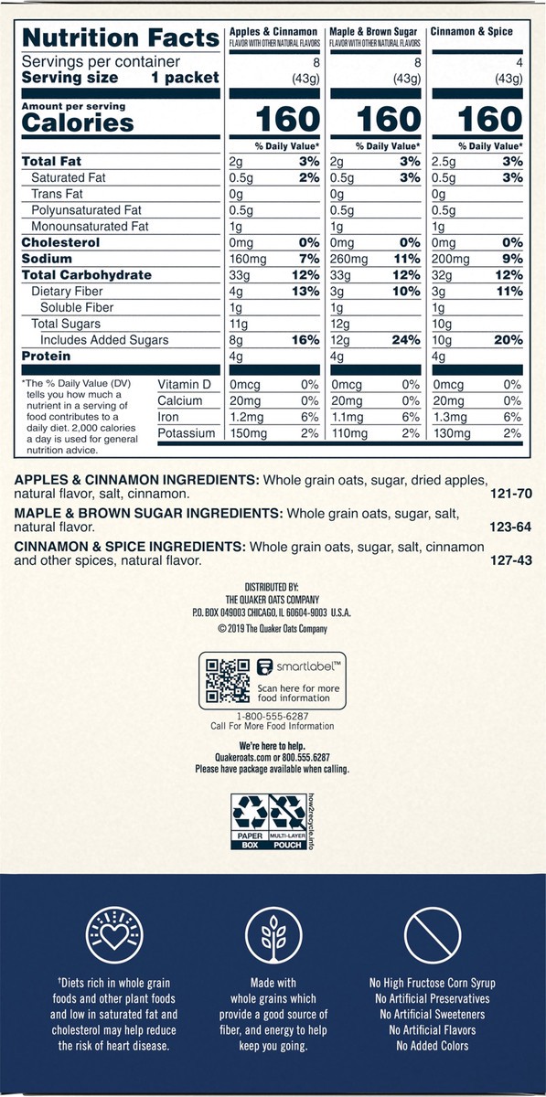 slide 4 of 8, Quaker Instant Oatmeal, Apples & Cinnamon/Maple & Brown Sugar/Cinnamon & Spice, Flavor Variety, Value Pack, 20 ct