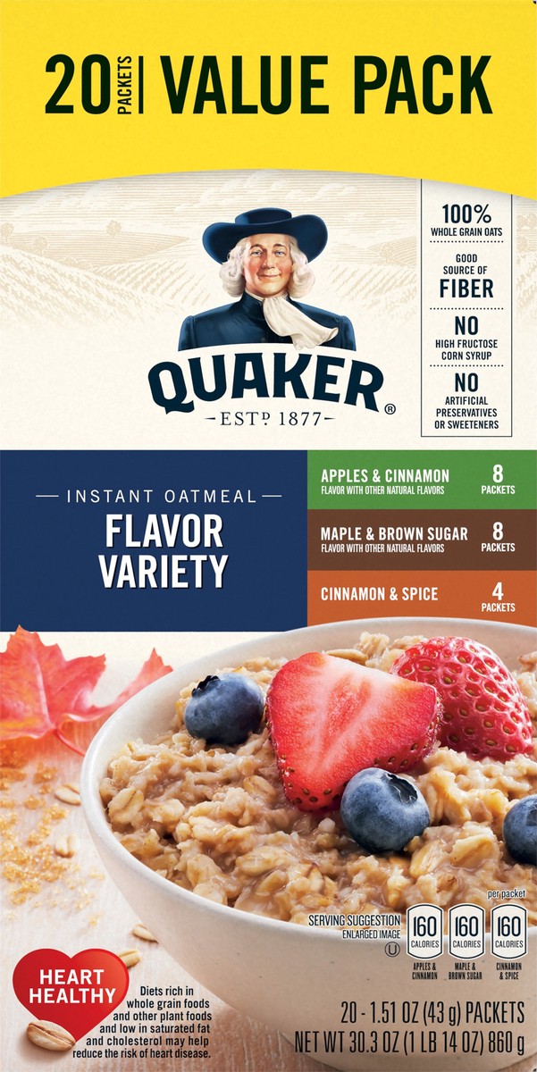 slide 6 of 8, Quaker Instant Oatmeal, Apples & Cinnamon/Maple & Brown Sugar/Cinnamon & Spice, Flavor Variety, Value Pack, 20 ct